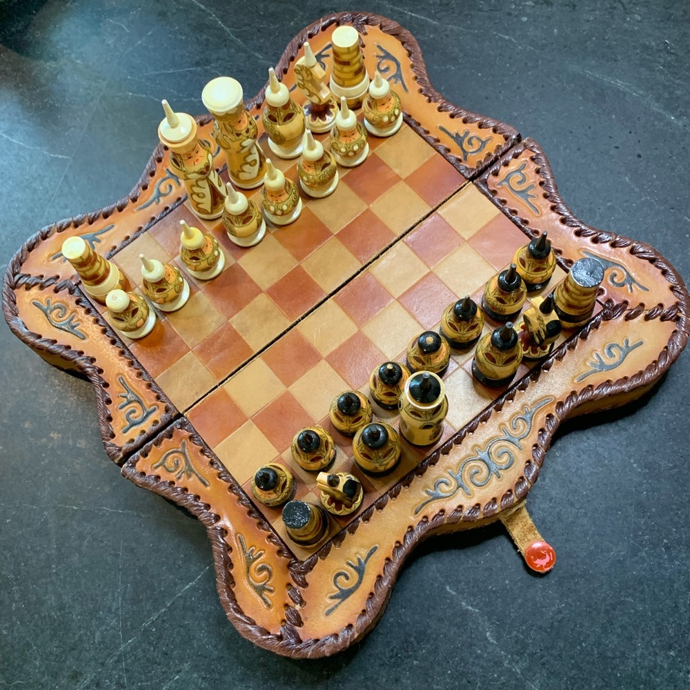 VINTAGE KHOKHLOMA CHESS SET & LEATHER FOLDING CHESS BOARD |